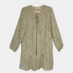 Temofon Womens Sz M Leopard Print Tiered Mini Dress Brown Tan‎ Long Sleeve Rayon